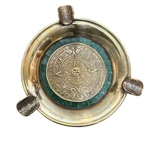 24 KT gold plated over brass aztec calendar jade ash tray